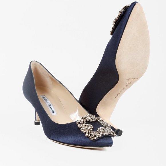 Manolo Blahnik Hangisi Blue Satin Jewel Pumps - Picture 5 of 11